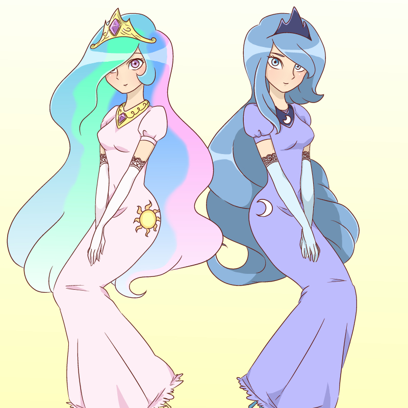 blue_eyes, blue_hair, celestia_(my_little_pony), crown, dress, elbow_gloves, gloves, green_hair