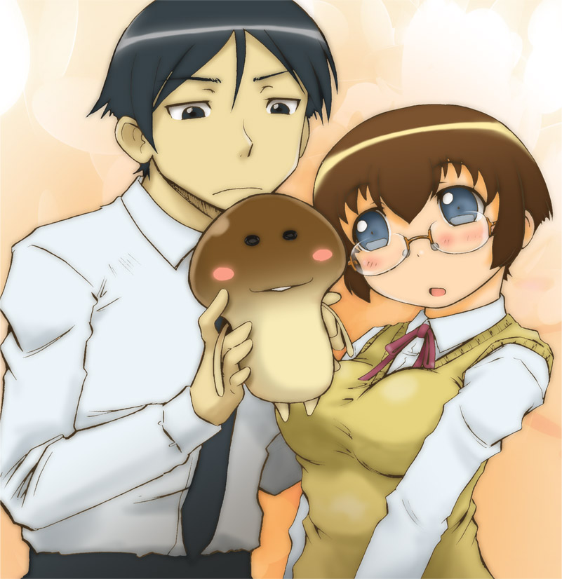 black_eyes, black_hair, brown_hair, crossover, funghi, glasses, grey_eyes, kousaka_kyousuke