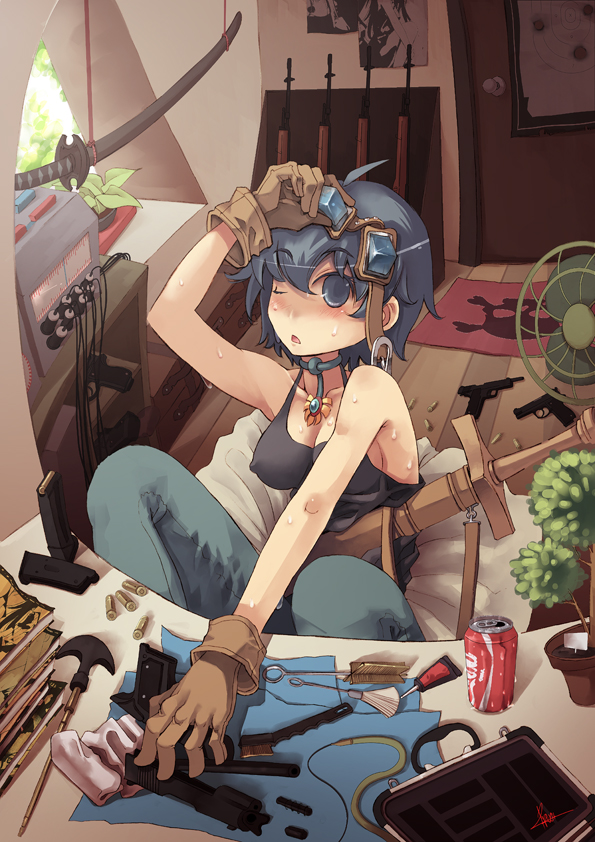 ahoge, bare_shoulders, blue_eyes, blue_hair, breasts, can, cleavage, fan