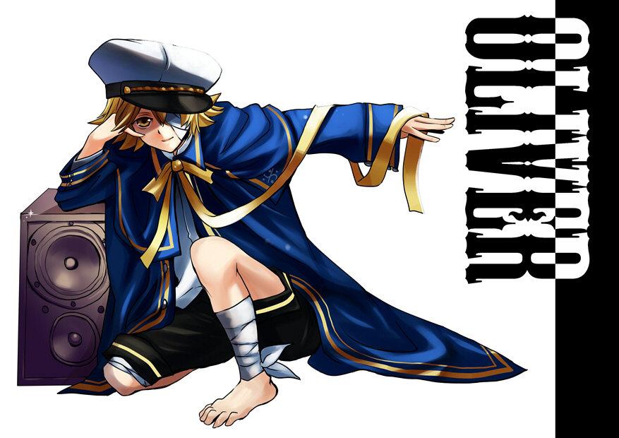 bandage, bandages, barefoot, blonde_hair, character_name, feet, hat, oliver_(vocaloid)