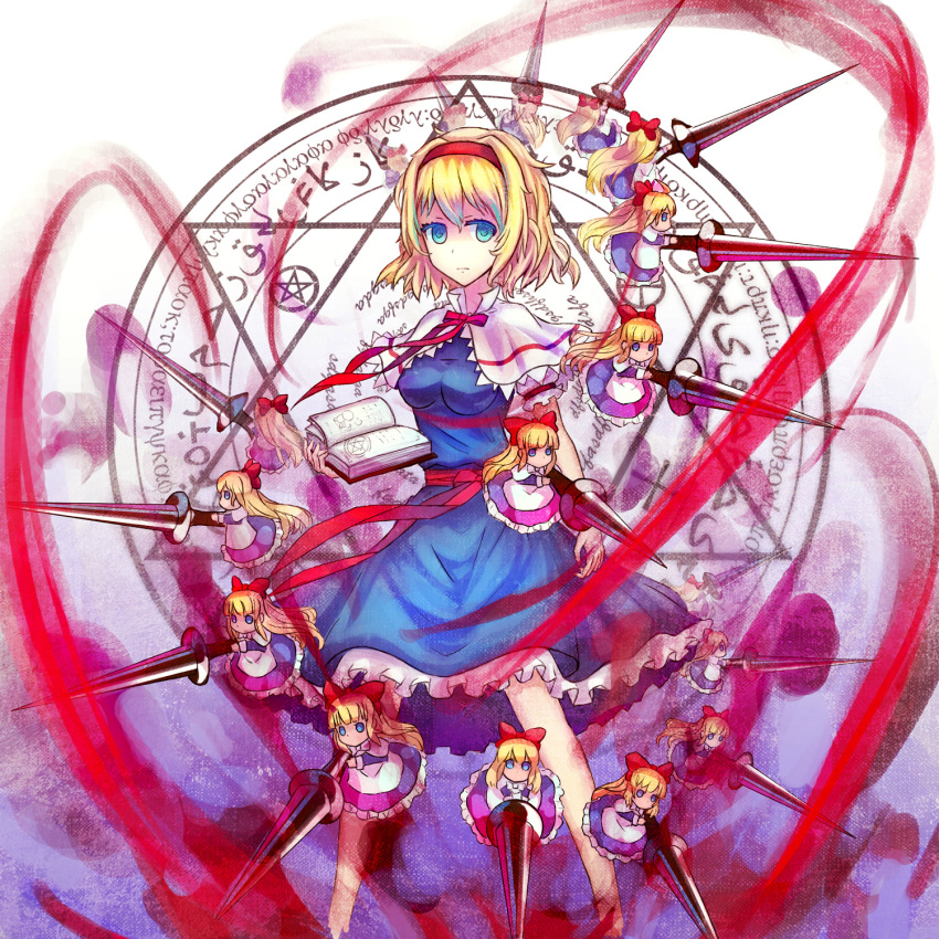 alice_margatroid, blonde_hair, blue_eyes, book, bow, breasts, capelet, doll