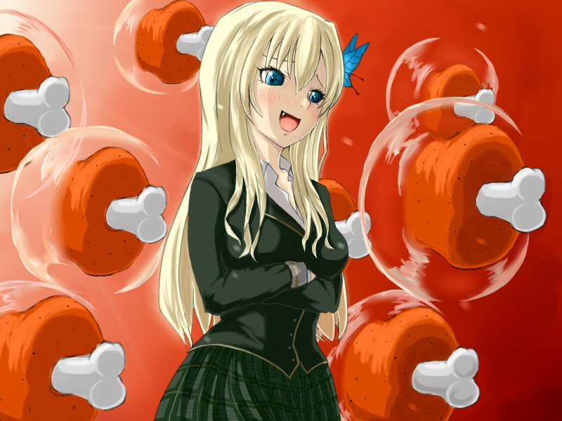 blue_eyes, blush, boku_wa_tomodachi_ga_sukunai, boned_meat, butterfly_hair_ornament, crossed_arms, fang, fate/stay_night