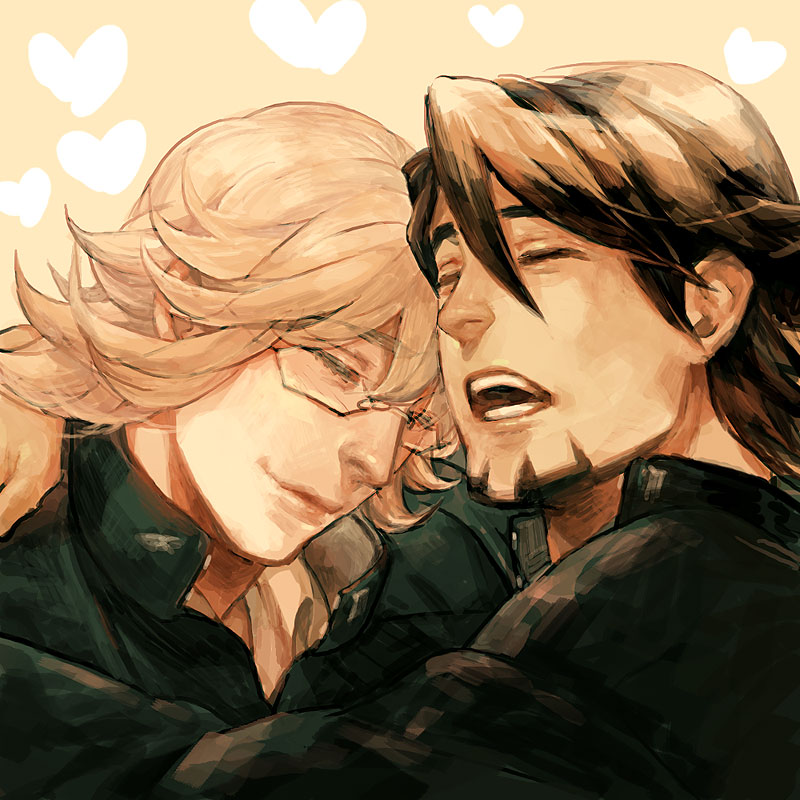barnaby_brooks_jr, blonde_hair, brown_hair, closed_eyes, eyelashes, eyes_closed, facial_hair, fangs