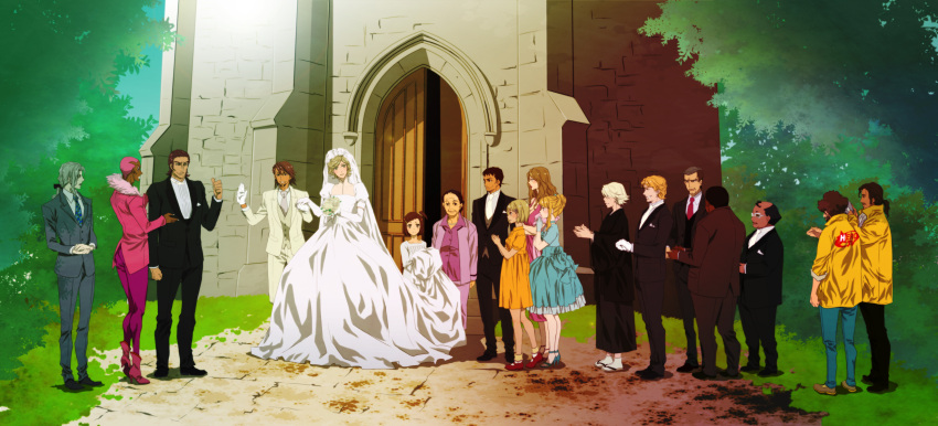 age_difference, alexander_lloyds, antonio_lopez, barnaby_brooks_jr, ben_jackson, bouquet, bride, cain_morris, church, crossdressinging, dark_skin, dress, everyone, family, father_and_daughter, flower, formal, highres, huang_baoling, ivan_karelin, japanese_clothes, kaburagi_anju, kaburagi_kaede, kaburagi_muramasa, kaburagi_t_kotetsu, karina_lyle, keith_goodman, kimono, mikuni_saho, nathan_seymour, orlando_cooper, saitou_(tiger_&amp;_bunny), suit, tiger_&amp;_bunny, trap, veil, wedding, wedding_dress, yaoi, yuri_petrov