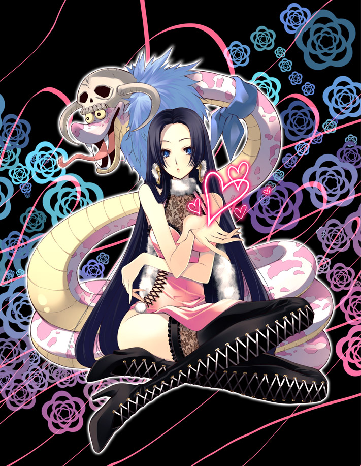 boa_hancock, boots, breasts, dress, earrings, high_heels, honda_tamanosuke, jewelry