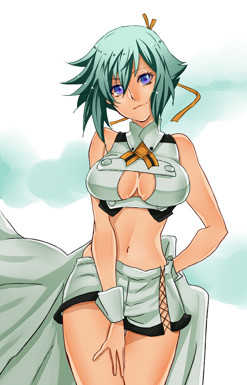 aquarion_evol, breasts, cleavage_cutout, green_hair, highres, matano_maya, midriff, navel, purple_eyes, short_shorts, shorts, violet_eyes, zessica_wong