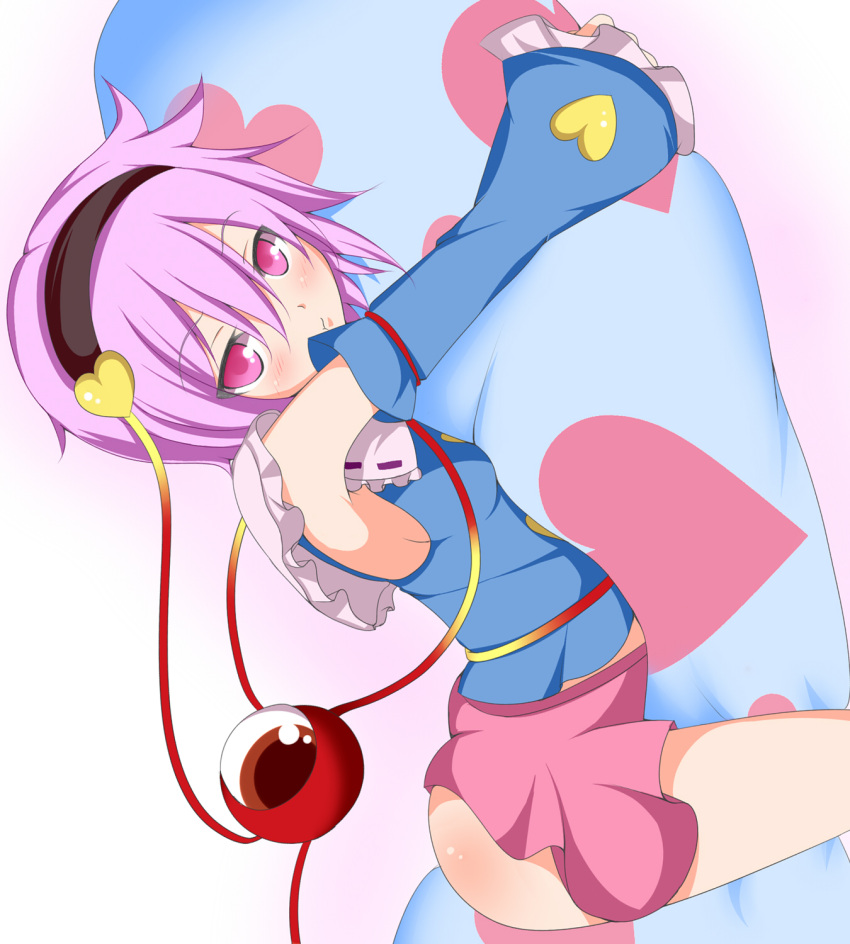 :t, ass, blush, breasts, detached_sleeves, eyeball, hairband, heart, highres, komeiji_satori, no_panties, pillow, pink_eyes, pink_hair, rou_neko_(bbaaa333), short_hair, sideboob, skirt, solo, third_eye, touhou