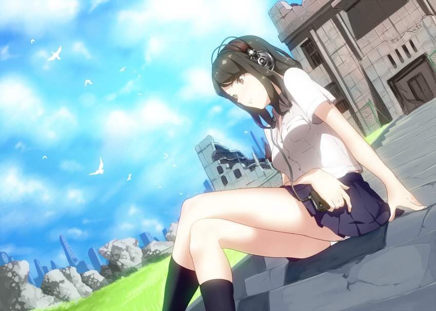 akg, bird, black_eyes, black_hair, black_legwear, cloud, crossed_legs, digital_media_player, dutch_angle, headphones, k701, kinniku1234, kneehighs, legs_crossed, original, panties, pleated_skirt, ruins, school_uniform, sitting, skirt, sky, solo, stairs, underwear, white_panties