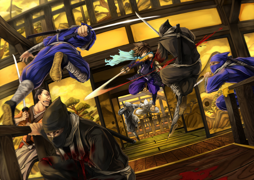 black_hair, bleeding, blood, brown_eyes, brown_hair, clenched_teeth, east_asian_architecture, hair_over_one_eye