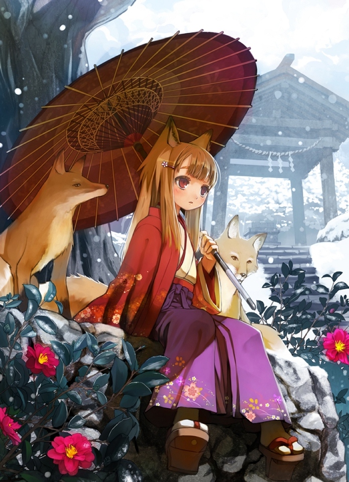 brown_hair, cropped, flower, fox, fox_ears, fox_tail, japanese_clothes, long_hair, oriental_umbrella, original, outdoors, outside, parasol, red_eyes, shiden, snow, solo, source_request, tail, umbrella