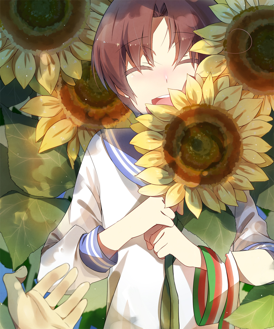 1girl, axis_powers_hetalia, brown_hair, closed_eyes, eyes_closed, flower, italy_(hetalia), north_italy_(hetalia)
