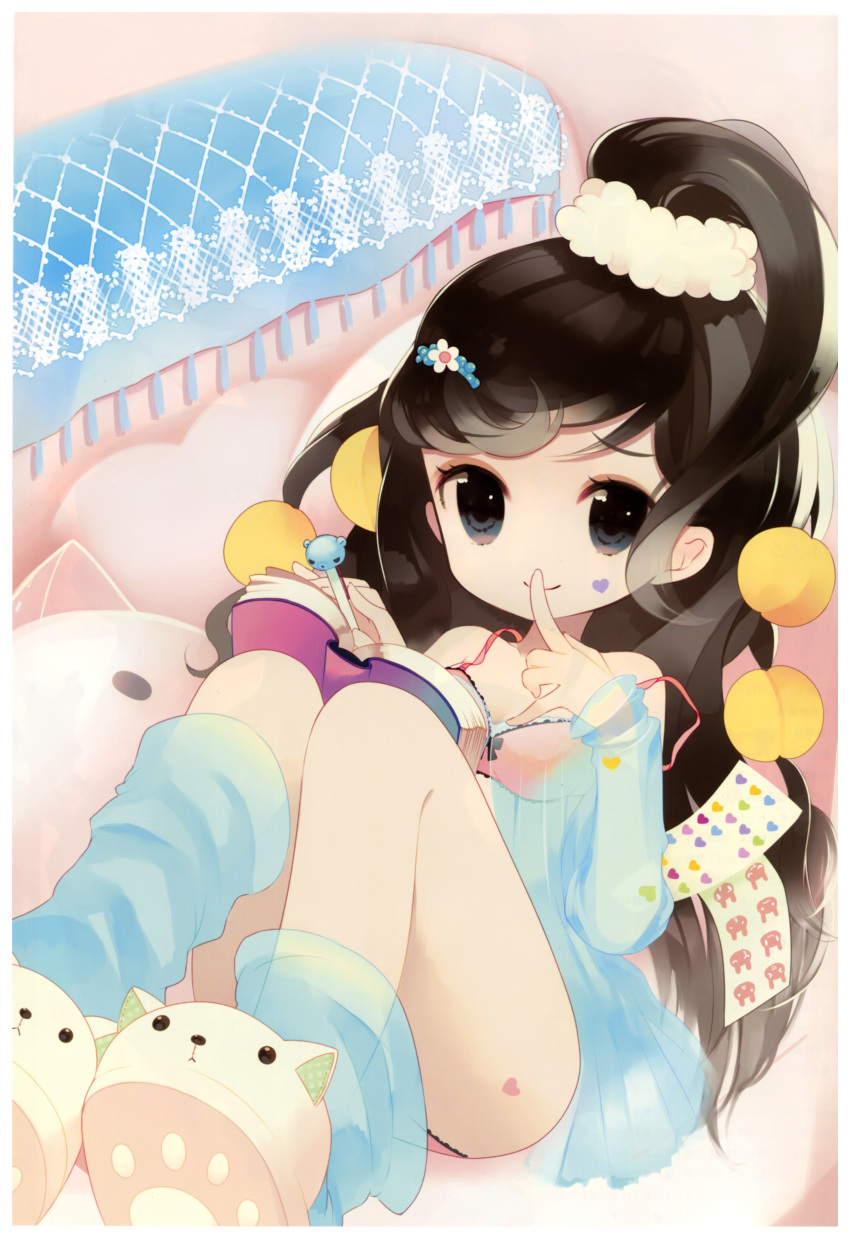 1girl, absurdres, bed, black_eyes, black_hair, bra, breasts, child