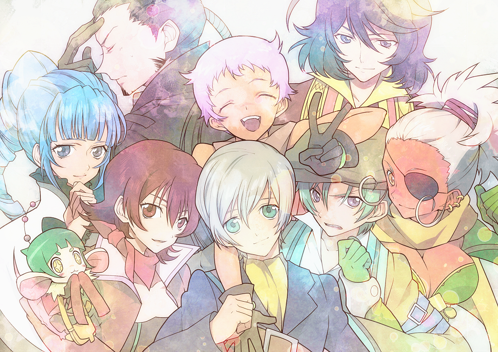 4boys, 4girls, ange_serena, bad_id, beret, black_hair, blue_eyes, blue_hair
