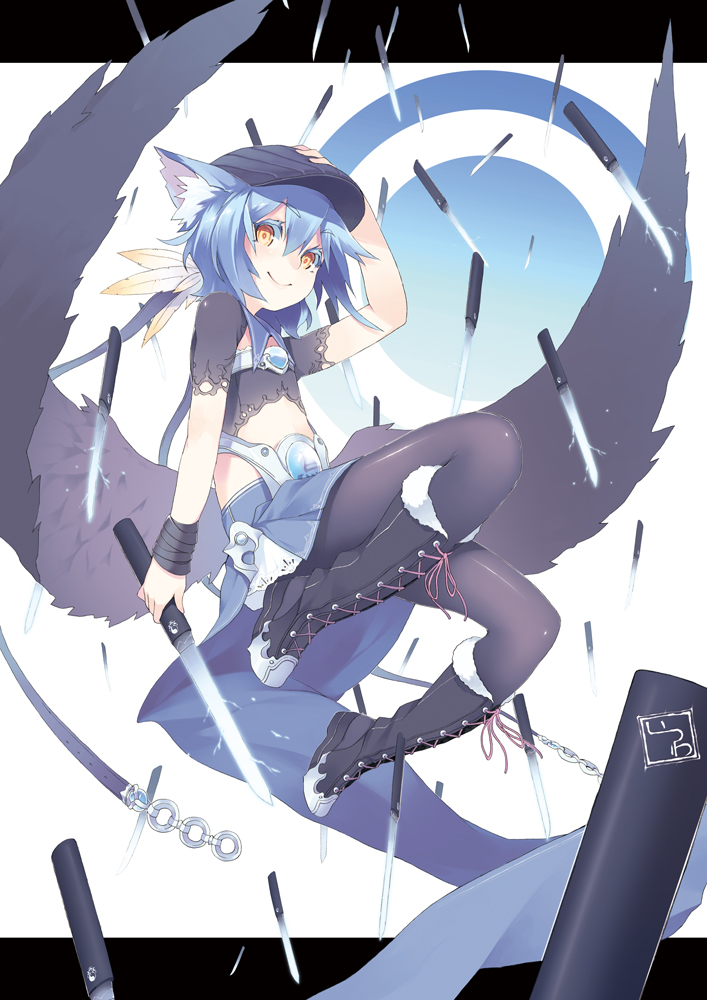 animal_ears, bad_id, black_legwear, black_wings, blue_hair, boots, cat_ears, cross-laced_footwear