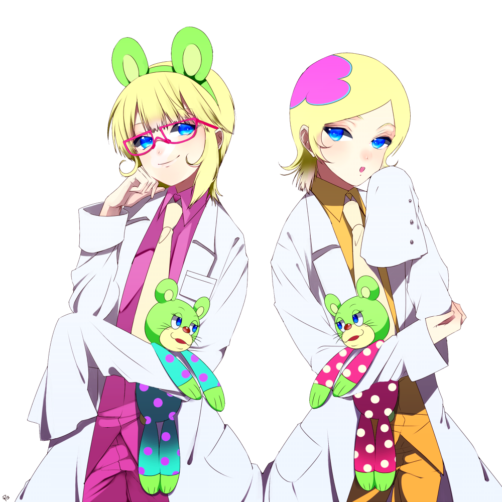 animal_ears, bad_id, blonde_hair, blue_eyes, cougar, doctor, dual_persona, glasses, irabu_ichirou, kuuchuu_buranko, labcoat, long_sleeves, male, multicolored_hair, multiple_boys, necktie, open_mouth, short_hair, simple_background, sleeves_past_wrist, smile, stuffed_animal, time_paradox, transparent, transparent_background, trap, trapeze