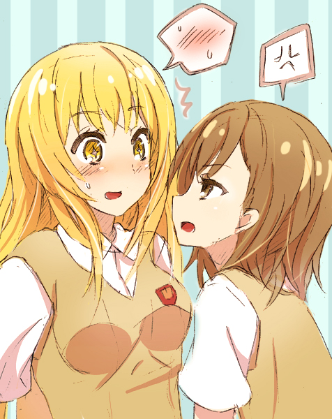 blonde_hair, brown_eyes, brown_hair, long_hair, misaka_mikoto, osakana_(youkina_kabe), sakasana_(kaisen_teikoku), school_uniform