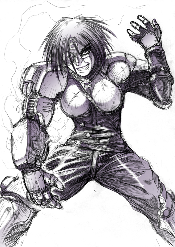 androgynous, armor, belt, black_hair, breasts, eyepatch, fighting_stance, gunnm