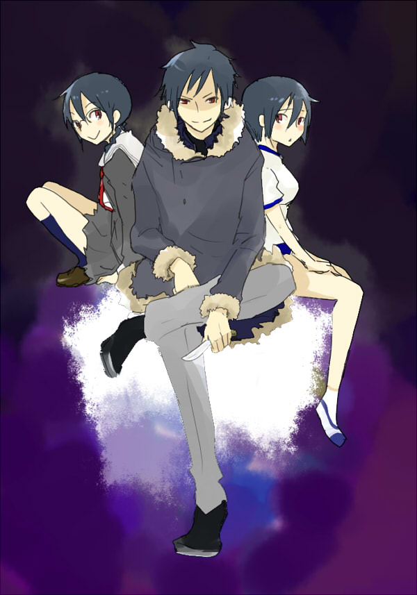 blush, braid, durarara!!, glasses, gym_uniform, jacket, knife, orihara_izaya