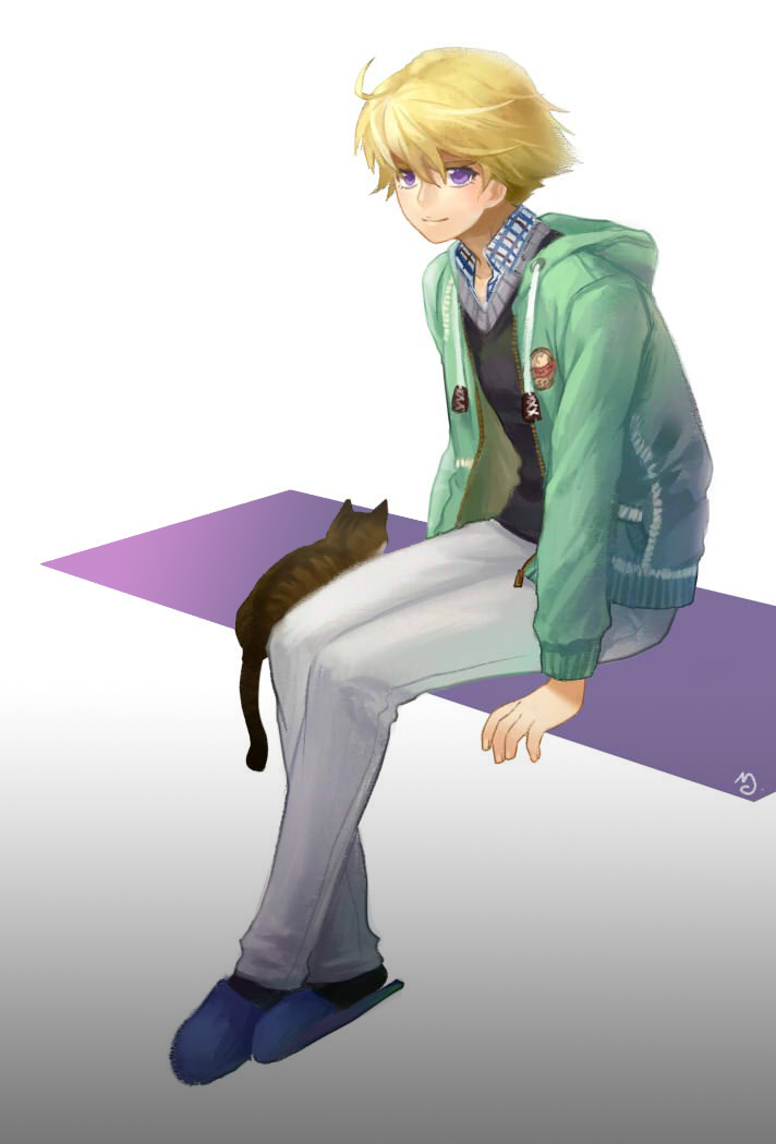 ahoge, alternate_costume, blonde_hair, cat, hoodie, ivan_karelin, kame4282, male