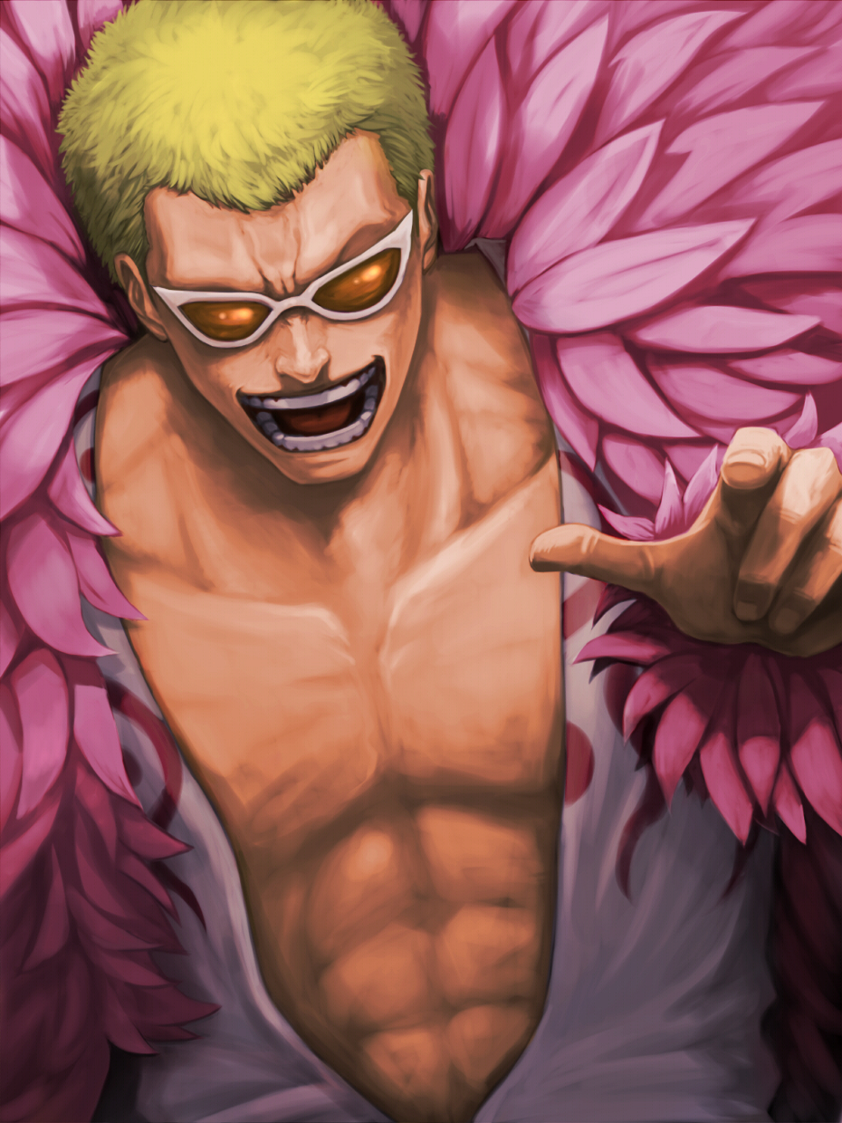blonde_hair, donquixote_doflamingo, feather_boa, highres, male, muscle, one_piece, open_mouth