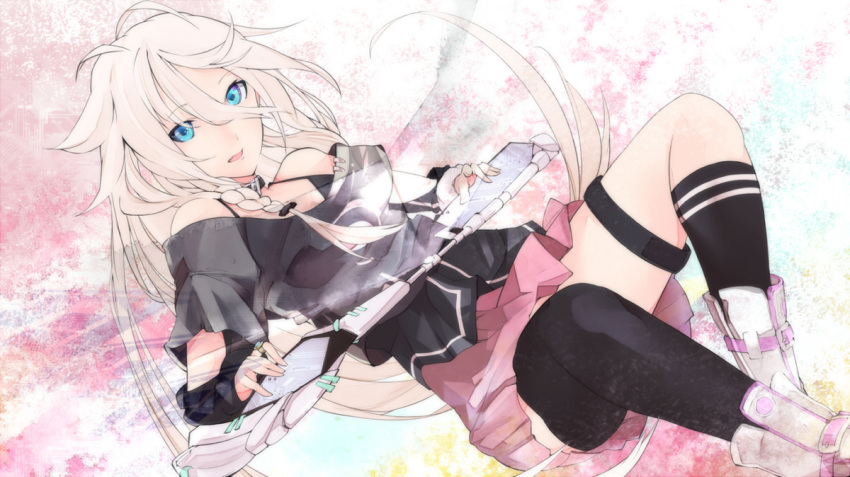 bare_shoulders, blonde_hair, blue_eyes, boots, braid, ia_(vocaloid), long_hair, open_mouth