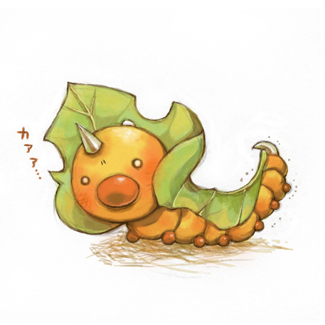 ???, caterpillar, cosplay, feral, insect, japanese_text, leaf, looking_at_viewer