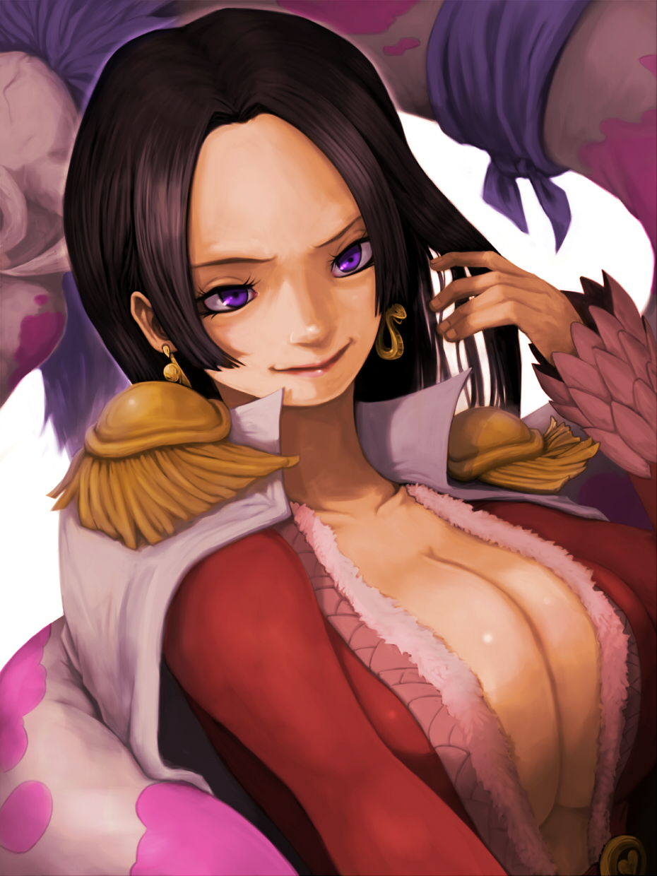 black_hair, boa_hancock, breasts, cleavage, earrings, highres, jewelry, large_breasts