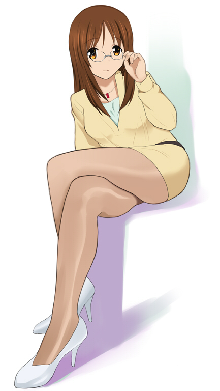 \m/, adjusting_glasses, brown_eyes, brown_hair, brown_legwear, crossed_legs, glasses, high_heels