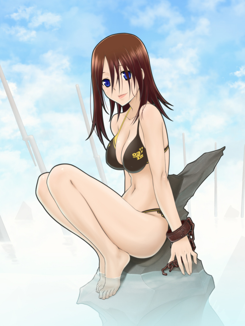 bare_shoulders, barefoot, bikini, black_bikini, blue_eyes, breasts, brown_hair, cleavage