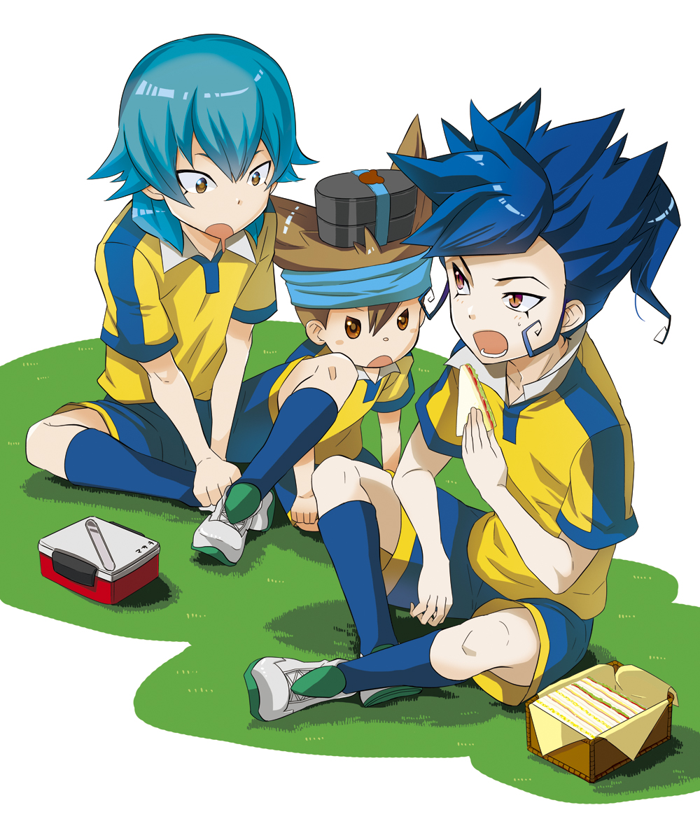 blue_hair, brown_eyes, brown_hair, eating, food, grass, highres, inazuma_eleven