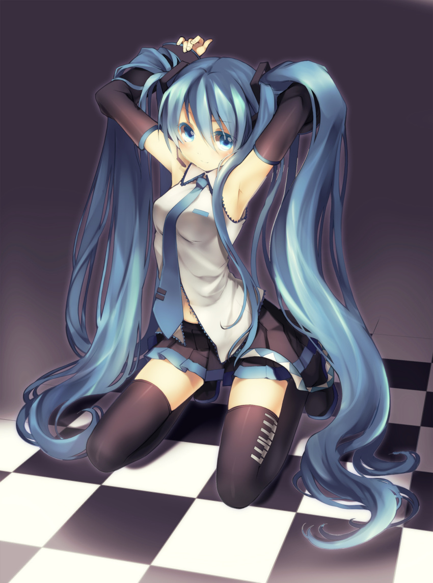 aqua_eyes, aqua_hair, armpits, arms_up, bisonbison, boots, checkered, checkered_floor