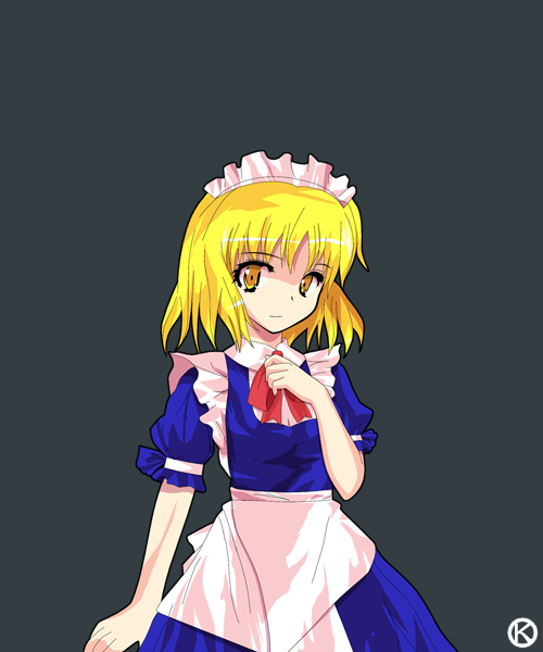 alphes_(style), blonde_hair, kaoru_(gensou_yuugen-an), maid, maid_headdress, mugetsu, mugetsu_(touhou), parody, short_hair, simple_background, solo, style_parody, touhou, touhou_(pc-98), yellow_eyes