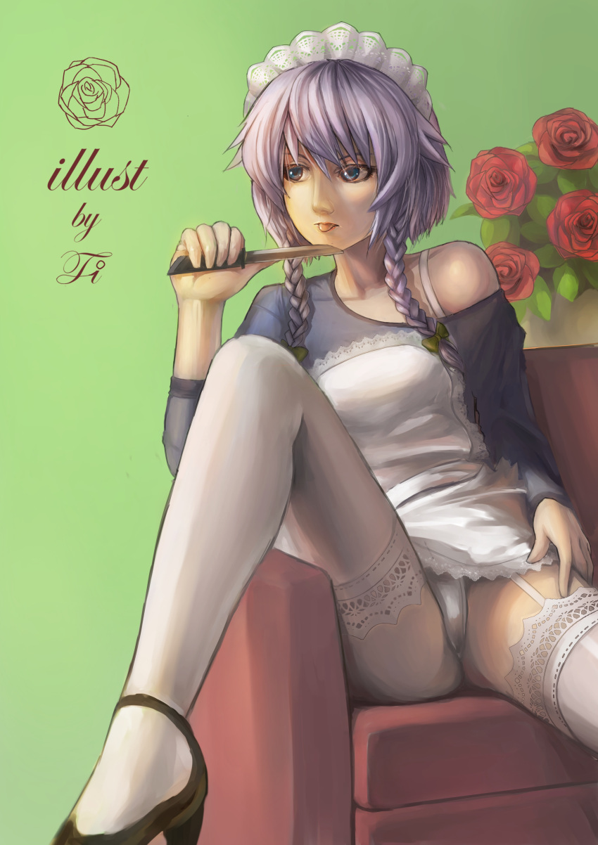 absurdres, apron, arm_up, blue_eyes, braid, chair, dress, flower, garter_straps, hair_ribbon, highres, izayoi_sakuya, knife, leg_up, maid, maid_headdress, no_pants, red_rose, ribbon, rose, shirt, silver_hair, solo, thigh-highs, thighhighs, ti-tang, tongue, tongue_out, touhou, twin_braids, white_dress