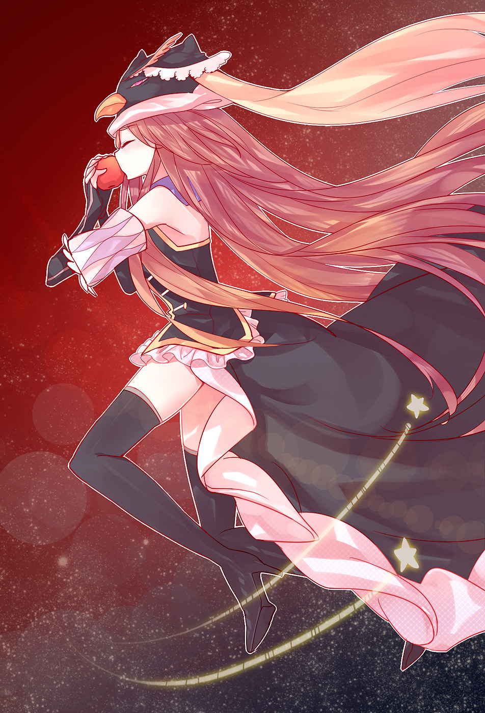 animal_hat, apple, baronet, black_legwear, boots, brown_hair, closed_eyes, eyes_closed, food, fruit, hat, highres, long_hair, mawaru_penguindrum, princess_of_the_crystal, solo, takakura_himari, thigh-highs, thigh_boots, thighhighs