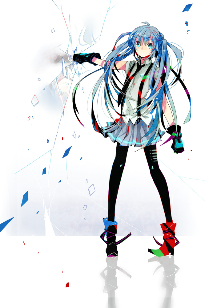 aqua_eyes, blue_hair, crack, cracks, donburi_(artist), gloves, hatsune_miku, long_hair, necktie, pantyhose, punching, skirt, solo, suspenders, twintails, very_long_hair, vocaloid