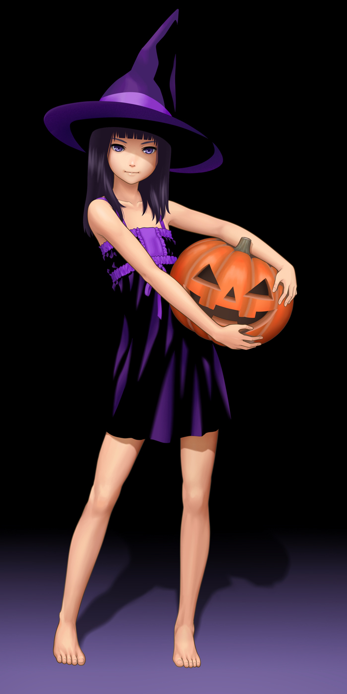 bad_id, barefoot, black_background, black_hair, collarbone, dress, feet, flat_chest, halloween, hands, hat, highres, holding, jack-o'-lantern, long_hair, looking_at_viewer, magenta_color, original, pumpkin, purple_eyes, shadow, solo, toes, violet_eyes, witch_hat