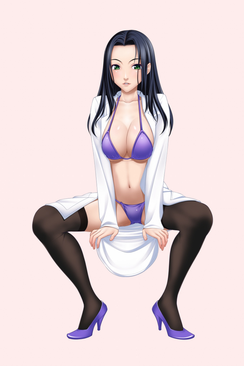 asakura_sakura, bikini, black_hair, green_eyes, high_heels, highres, long_hair, original