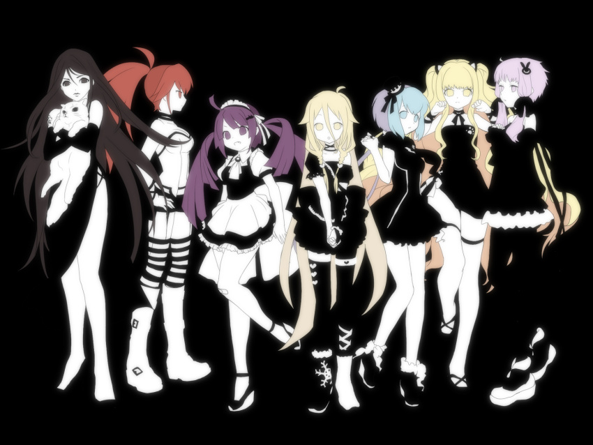aoki_lapis, black_background, black_eyes, black_hair, black_legwear, blonde_hair, blue_eyes, cat