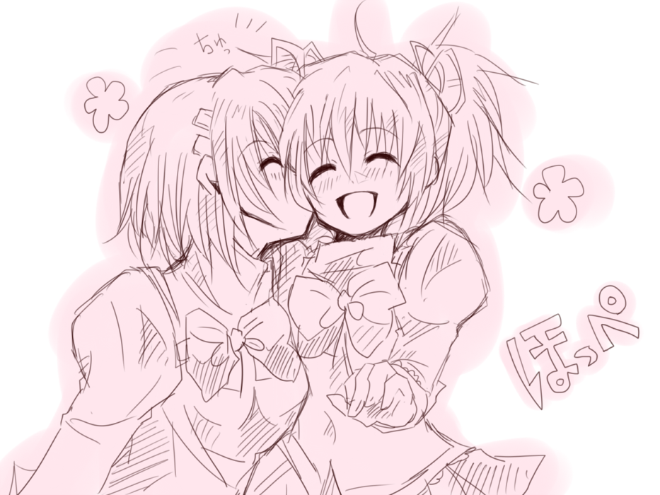 cheek_kiss, closed_eyes, eyes_closed, kaname_madoka, kiss, mahou_shoujo_madoka_magica, maru_(092102040413), miki_sayaka, monochrome, multiple_girls, pink, ribbon, school_uniform, short_hair, smile, translated, yuri