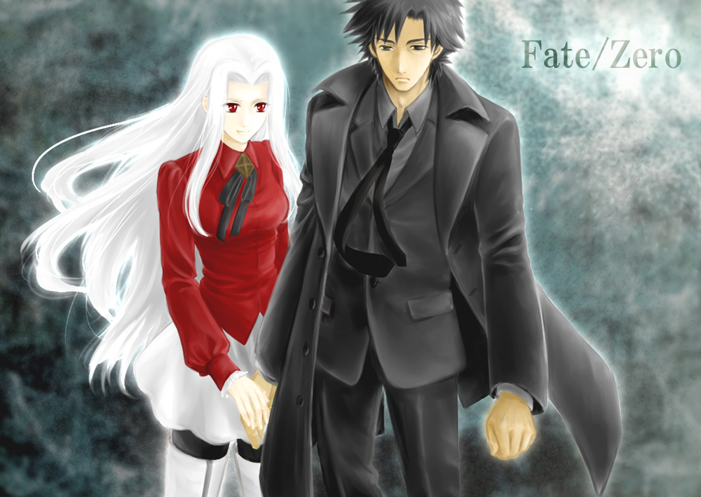 1girl, black_eyes, black_hair, black_legwear, boots, couple, emiya_kiritsugu, facial_hair, fate/zero, fate_(series), hand_holding, holding_hands, husband_and_wife, irisviel_von_einzbern, long_coat, long_hair, necktie, pantyhose, red_eyes, skirt, stubble, thigh-highs, thigh_boots, thighhighs, title_drop, trench_coat, ussu, white_hair