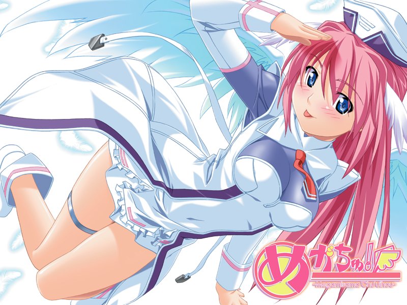 1girl, :p, blue_eyes, blush, hat, head_wings, kuuchuu_yousai, long_hair