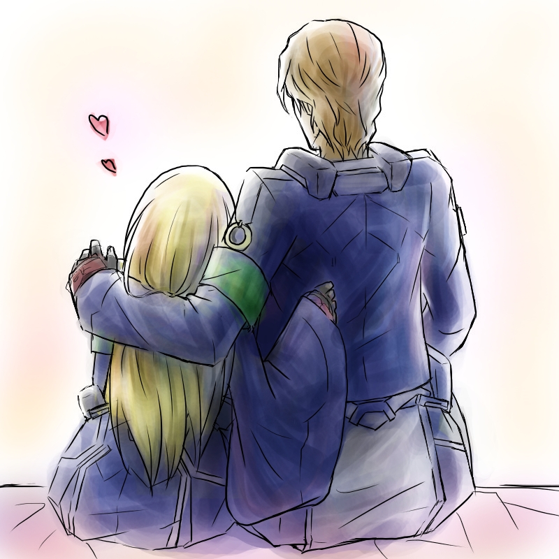 1girl, arm_around_shoulder, blonde_hair, brown_hair, couple, from_behind, heidi_ogezevara, kyoukai_senjou_no_horizon