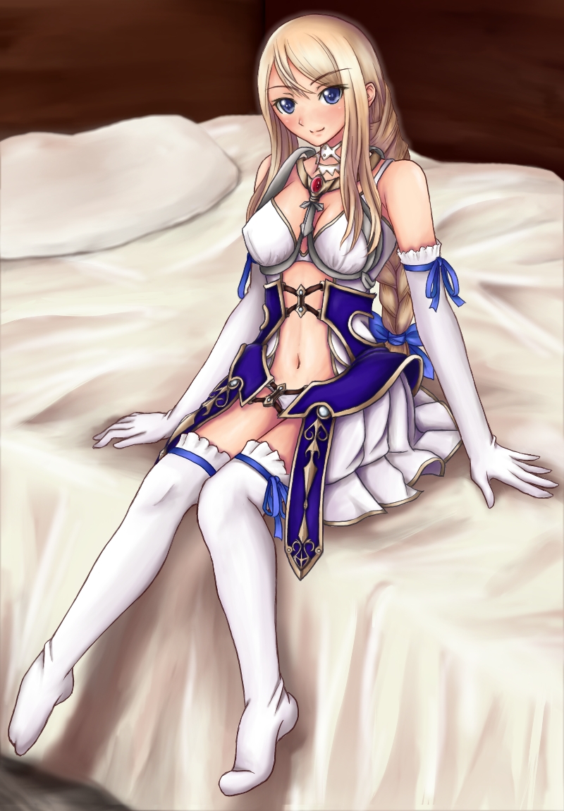 agrias_oaks, bed, blonde_hair, blue_eyes, blush, bow, braid, choker