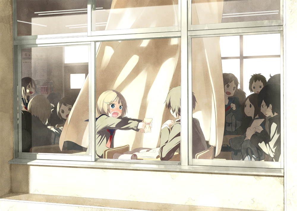 black_hair, blonde_hair, blush, brown_hair, cardigan, class, classroom, confession, curtains, desk, embarrassed, hair_ornament, hairclip, hidden, hiding, long_hair, mizu_asato, open_mouth, original, outstretched_hand, school_uniform, short_hair, sitting, smile, window