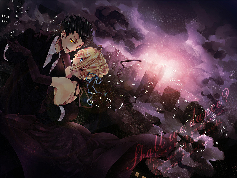 1girl, ahoge, black_hair, blonde_hair, dancing, dress, dutch_angle, elbow_gloves