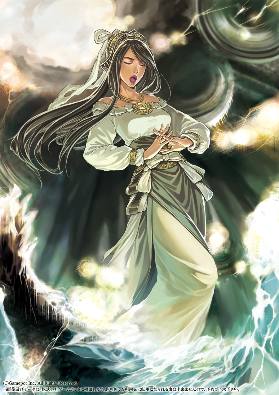 alteil_ii, bracelet, character_request, closed_eyes, dark_skin, dress, electricity, eyes_closed