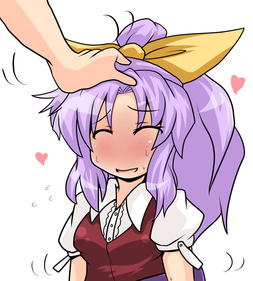 ^_^, blush, bust, closed_eyes, dress_shirt, eyes_closed, hair_ribbon, highres, lavender_hair, no_nose, petting, ponytail, ribbon, shirt, smile, solo, touhou, watatsuki_no_yorihime, yuuki_shishin