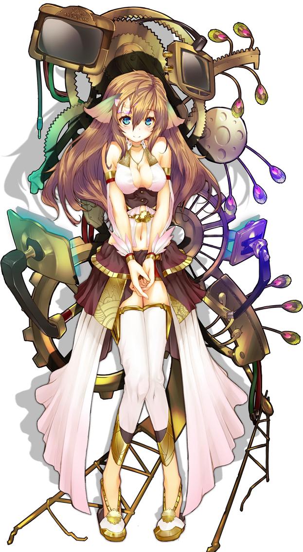 animal_ears, bare_shoulders, blue_eyes, breasts, brown_hair, ciel_nosurge, cleavage, clockwork
