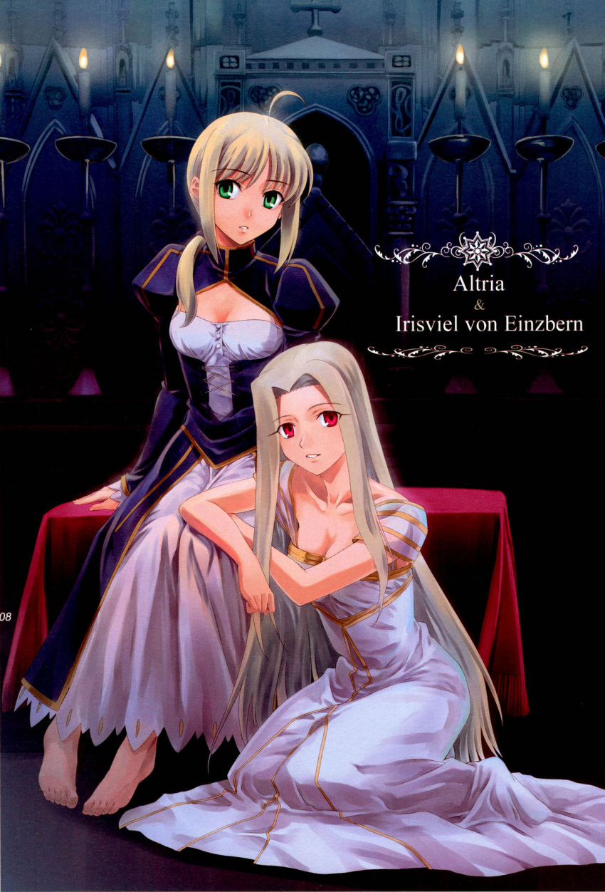 ahoge, barefoot, blonde_hair, cleavage_cutout, dress, fate/zero, fate_(series), green_eyes