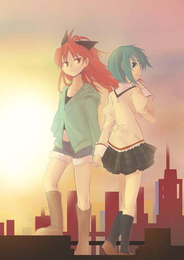 blue_hair, blush, boots, bow, ds_(artist), hair_bow, hand_holding, holding_hands